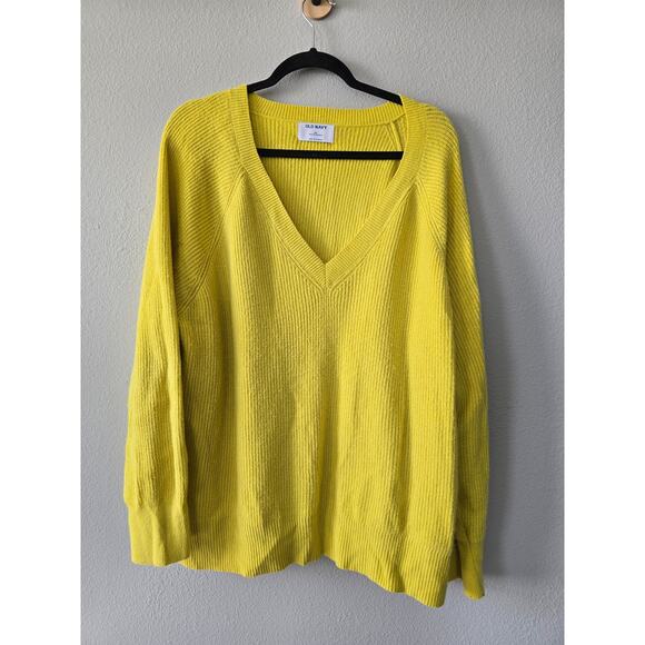 Old Navy XXL Bright Yellow Ribbed V-Neck Sweater Soft Cotton Blend Bold Minimal - Picture 1 of 7